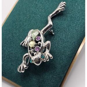 Vintage Silver Tone Multi‎ Color Purple Green Rhinestone Frog  Brooch Pin Estate